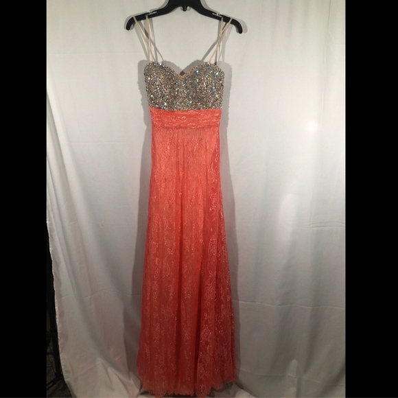 NEW La Femme [ 6 ] Embellished Jeweled Strapless‎ Lace Gown in Hot Coral - Picture 2 of 9